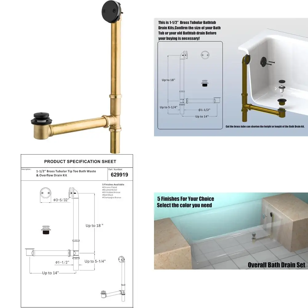 طقم تصريف حمام أنبوبي نحاسي مع سدادة لمس لأصابع القدم، 1-1/2 بوصة، مجموعة نفايات تصريف حوض الاستحمام ذات طرف أصابع القدم، سهلة التركيب للخفاش