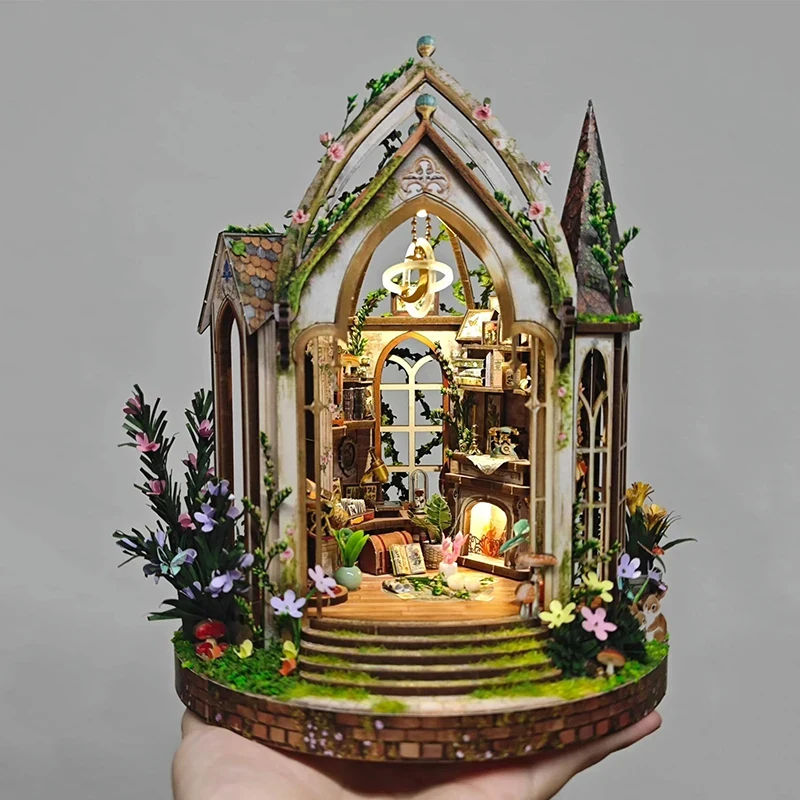 

OUZEY DIY Wooden Dreamland Floral Studio Book Nook Shelf Insert Kit Miniature Model with Light Bookend for Friends Gift