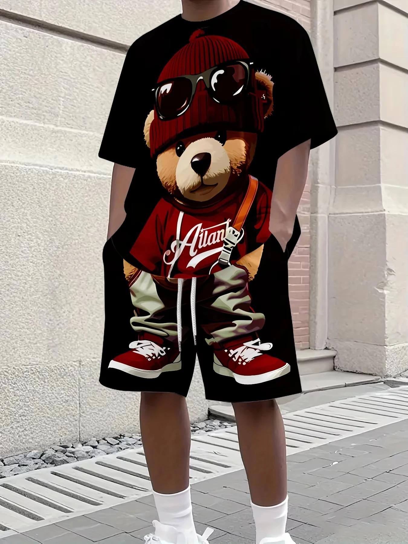 

Новый летний мужской 3D-костюм: футболка с круглым вырезом и принтом в стиле ретро с изображением плюшевого мишки и шорты, трикотажная мужская одежда из полиэстера.