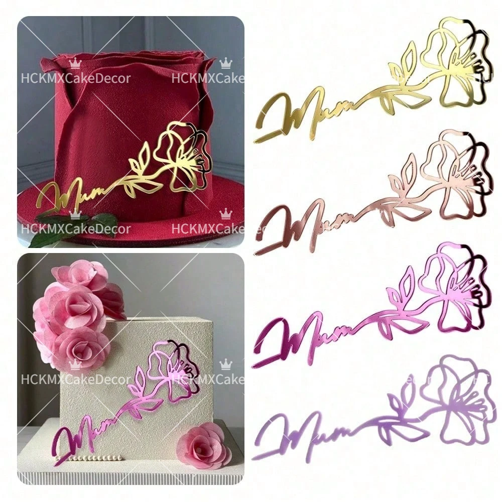 3pcs Mothers Day Acrylic Cake Topper Mum Flower Cake Decor for Mothers Day Birthday Party Cake Decoration Supplies