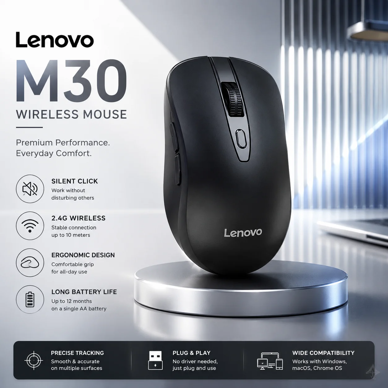 Original Lenovo M30 2.4GHz Wireless Mouse 6‑Key Silent Mice 800‑1200‑1600 DPI Ergonomic Portable Mouse For Windows Laptop PC