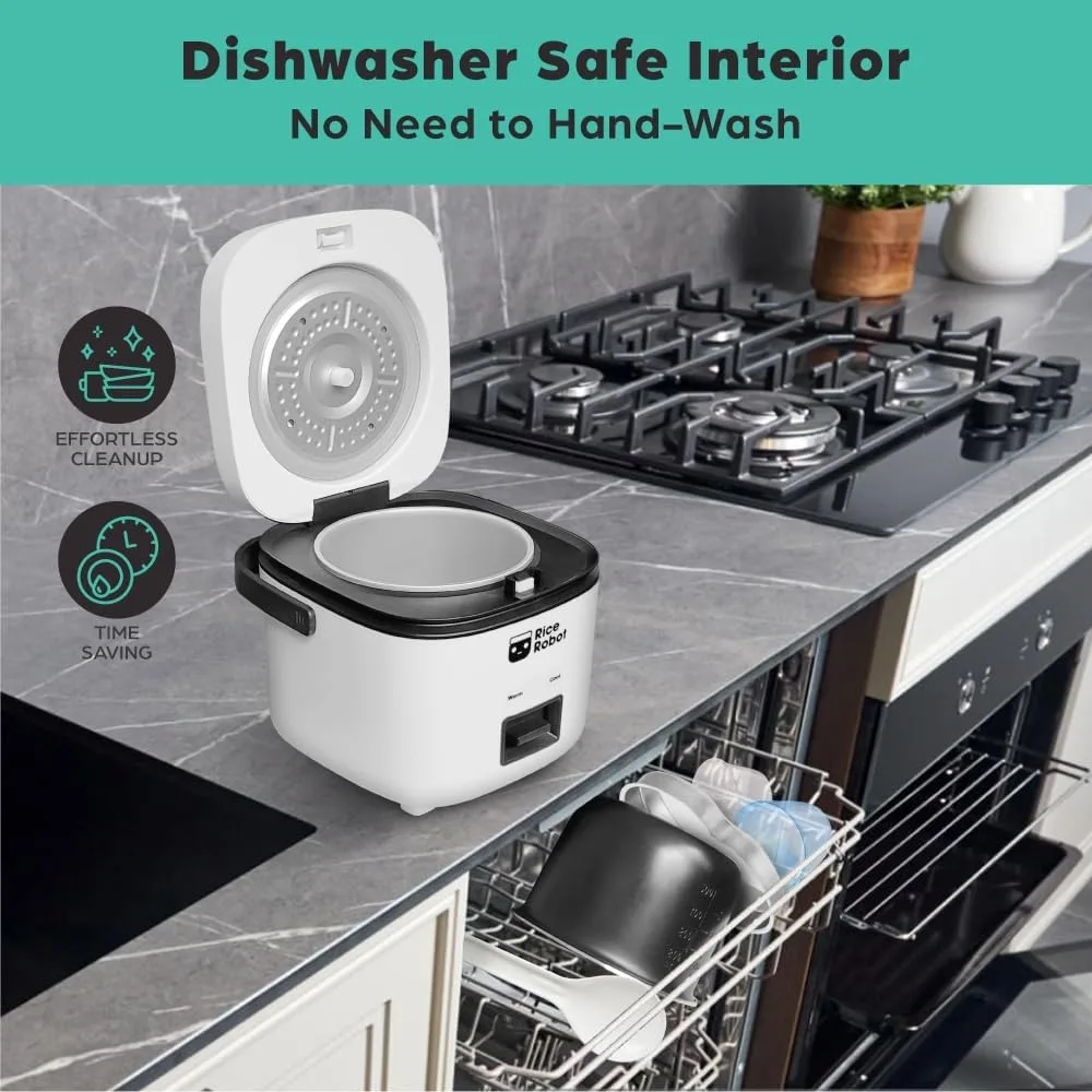 Panela de arroz pessoal Robot de arroz, sem PFAS, antiaderente. Capacidade de 1 quarto, com bandeja para vaporizador de aço inoxidável, copos medidores