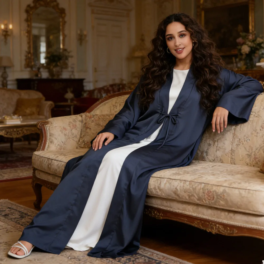 

Новая атласная открытая абайя, дубайский кафтан, женское мусульманское платье, турецкая кебая, исламская одежда для Ид, арабская роба, марокканский кафтан, женская джалабия