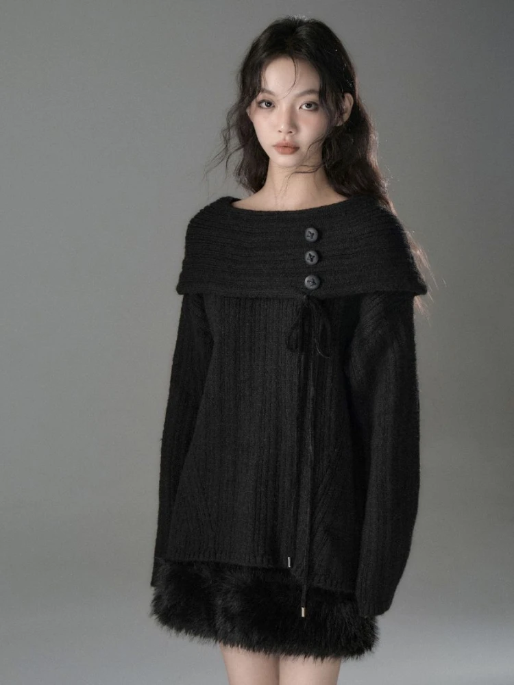 HOUZHOU Coquette Elegant Sexy Knitted Pullovers Sweet Solid Y2k Aesthetic Off Shoulder Bow Bandage Loose Sweater Autumn 2024