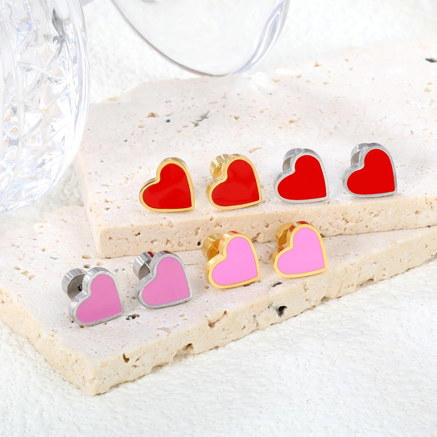 LUXUKISSKIDS Romantic Love Heart Red/Pink Acrylic Small Stud Earrings for Girls/Woman Surgical Steel Press Pack Piercing Jewelry