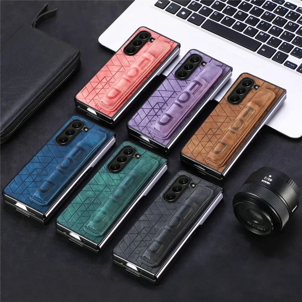 PU Leather Wrist Strap Cover for Samsung Galaxy Z Fold 7 6 5 4 3 Fold7 Hard Phone Case with S Pen Holder & Finger Grip(no Pen)