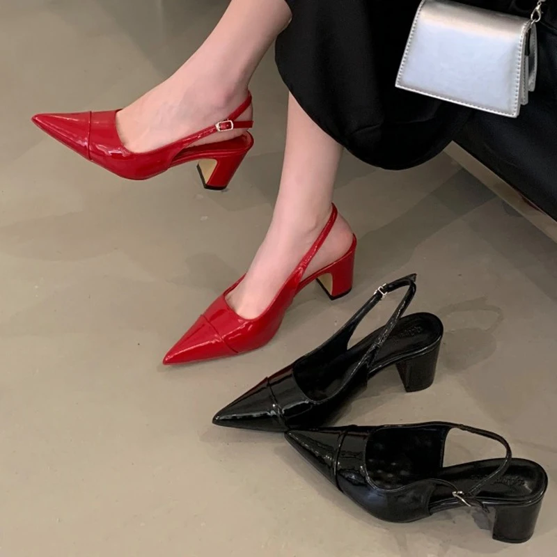 

Туфли-лодочки Aneikeh с острым носком и квадратным каблуком, с ремешком на щиколотке, из красной лакированной кожи, для свадьбы и вечеринок