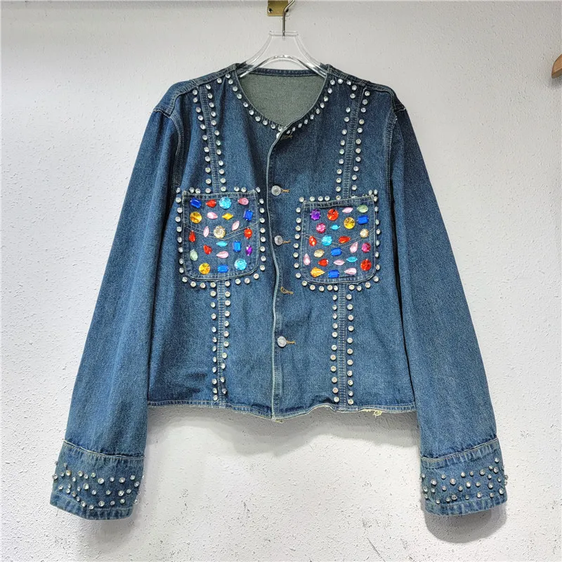 

Spring New Women Beaded Diamond Denim Jacket Round Neck Long Sleeve Blue Short Jeans Jacket Coat Casual Kurtka Jeansowa Damska