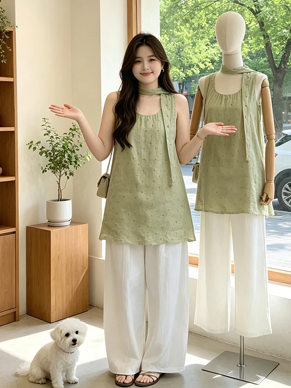 

Loose Casual Pants Set Women's Summer New Style Dot Print Halter Neck Strap Loose Feelings Two-piece Set Korean Style High Wa...