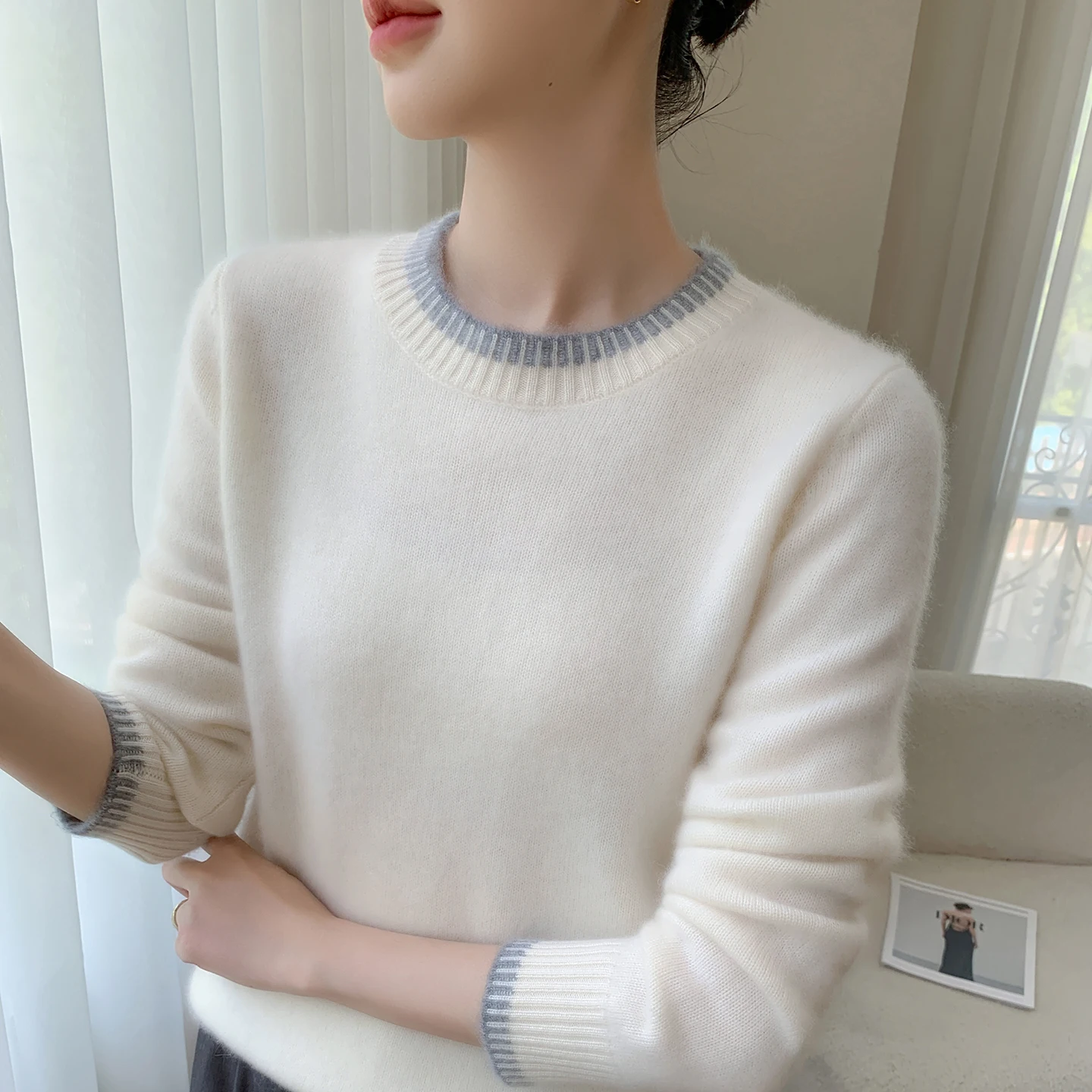 خريف/شتاء جديد المرأة 100% الكشمير الخالص البلوز عادية اللون منعت محبوك سترة فضفاضة الجولة الرقبة القمم سميكة البلوز