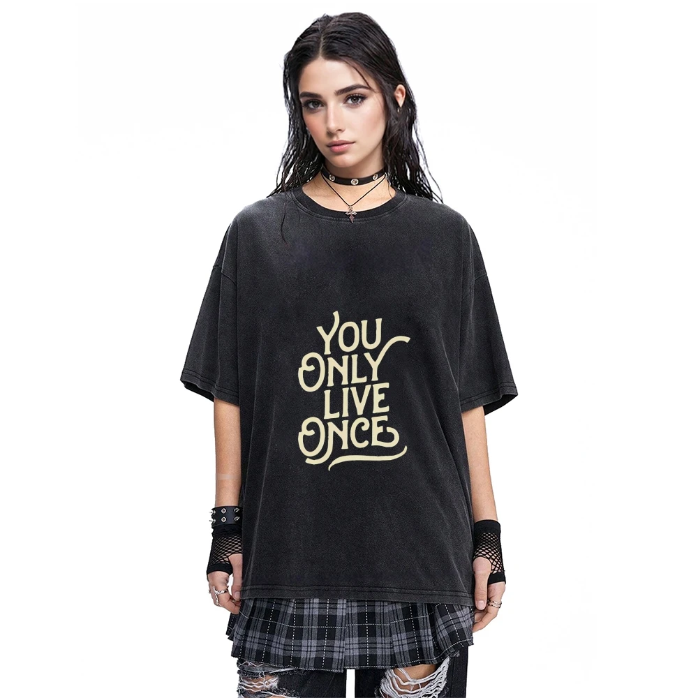 

YOLO Slogan Tee Faded Washed Black T - Shirt Inspirational Text Print Casual Loose Short Sleeved Motivational Comfortable Top