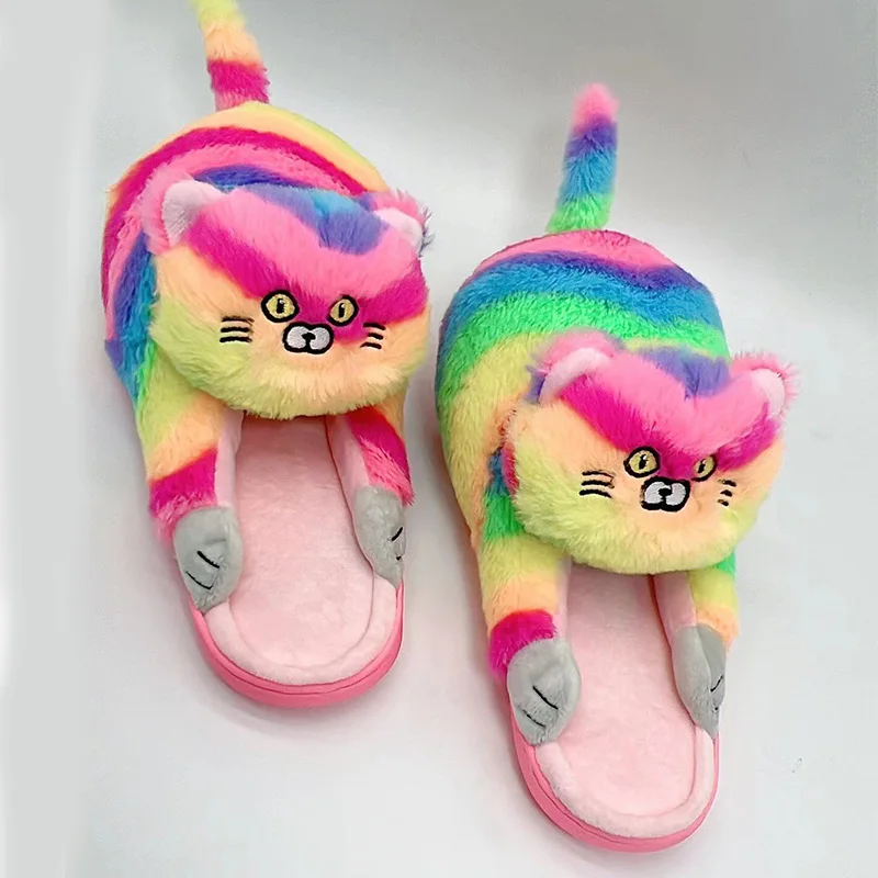 Kawaii Regenbogen Kitty Slipper Frau Flauschige Indoor Rutschen Schuhe Hause Kätzchen Teppich Hausschuhe für Frauen Winter Warme Zimmer Flip-Flops – Detail 14