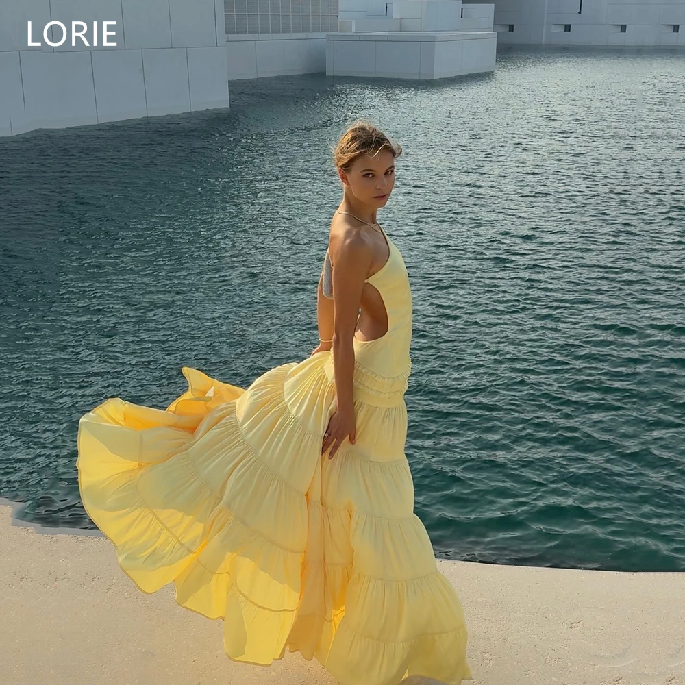 

LORIE Chic Yellow Satin Party Dresses Backless Sleeveless Evening Prom Dress Ruched A-Line Beach Prom dresses Customized
