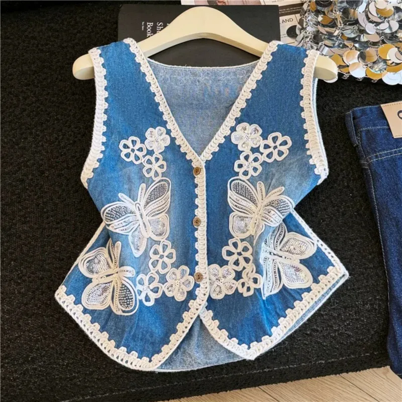 2026 Summer Fashion Beaded Butterfly Sequins Flower Slim Short Denim Vest Dark Blue Light Blue V-Neck Sleeveless Jeans Waistcoat