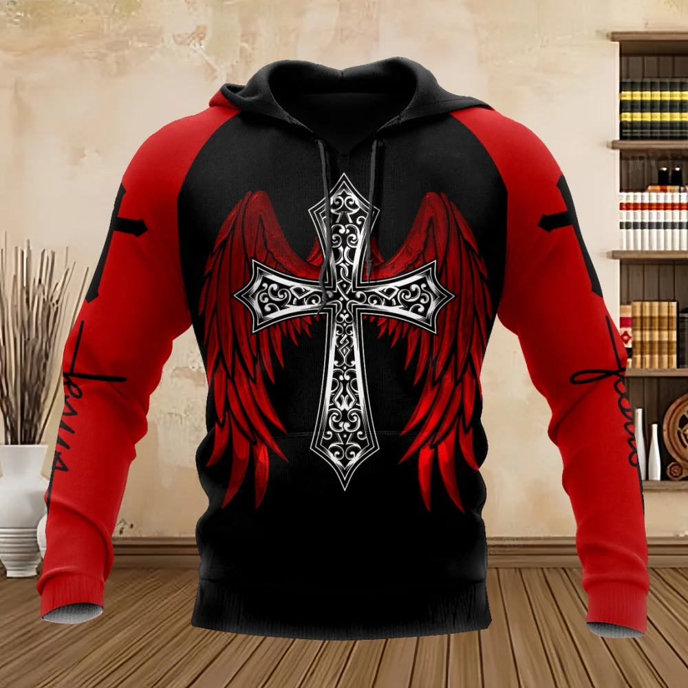 Oversized Tattoo Skeleton Cross Terror Red 3D Printed Men\'s Hoodie Sweatshirt Topscasual Tracksuits Raven Animal Men Clothing