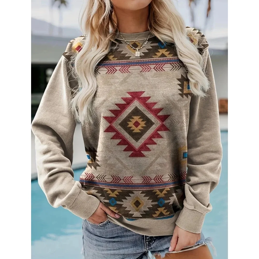 Bohemian Women\'s Autumn And Winter Round Neck Long Sleeved Fashions Retro Color Blocked Printed Sweatshirt 2024 New Casual Top