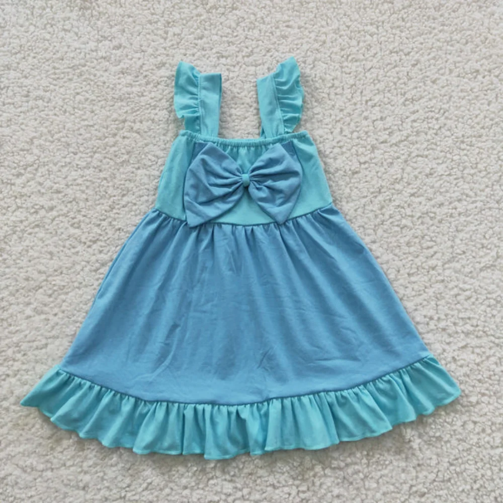 

Baby Girls Blue Straps Flutter Sleeve Bow Princess Knee Length Dresses