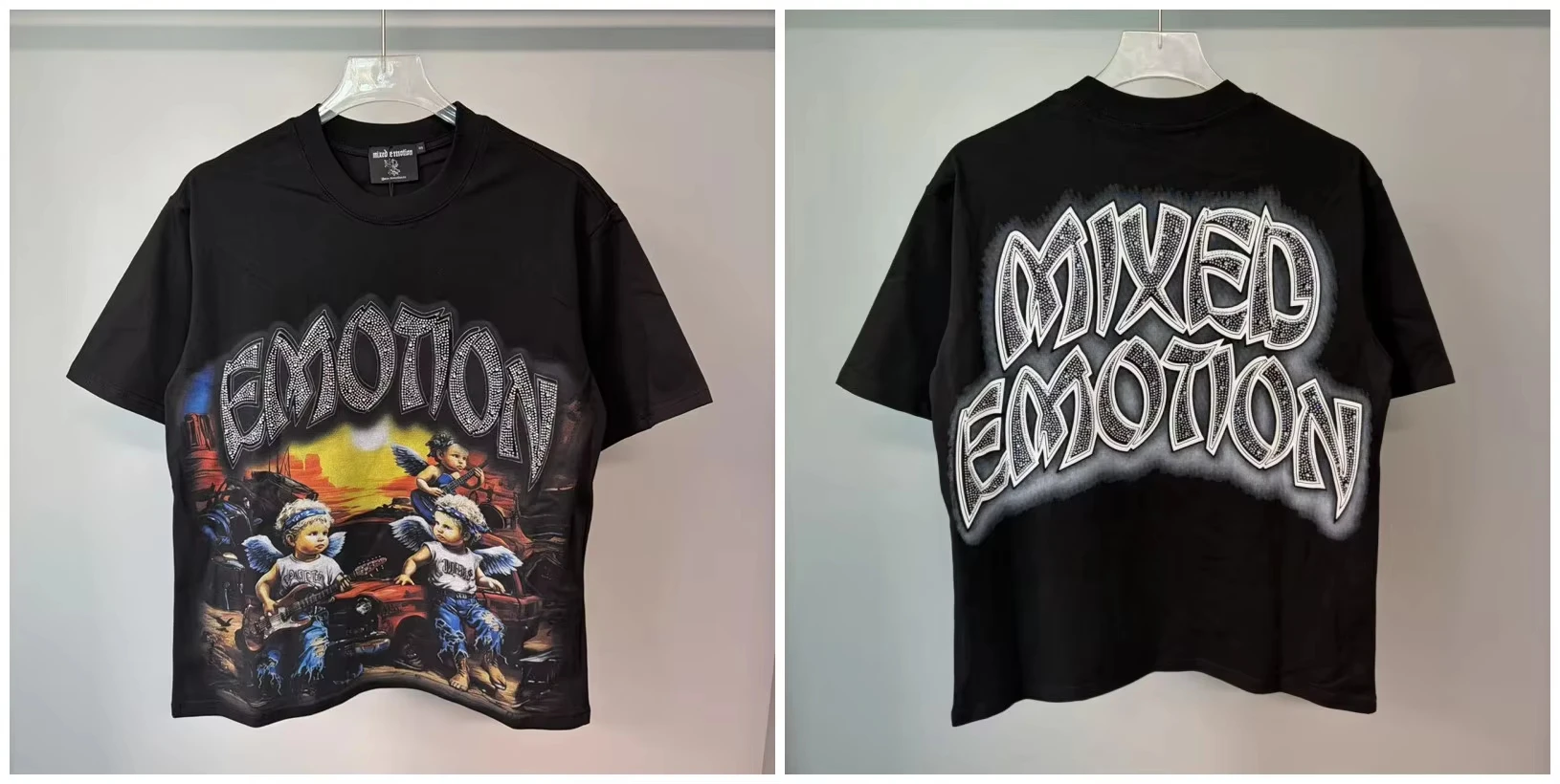 New MIXED-EMOTION Rhinestone cartoon printed pattern  cotton Men Women T-shirt Loose casual Shinning Tees Oversized Top