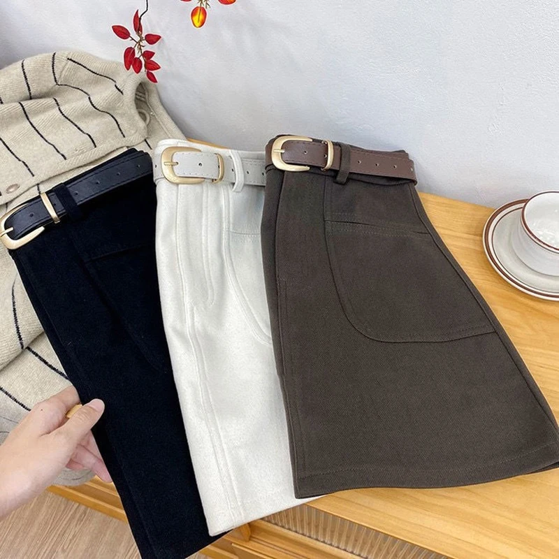 Faux Wool Cargo Skirts for Women Y2K High Waist with Belt Autumn Mini Skirts Korean Sweet Preppy All Match Blended Skirts New