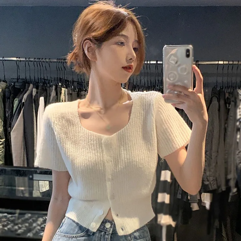 Women Knitted Top Short Sleeve Summer Solid Color Sweet Square Neck Casual Fashion Versatile Knitted Short Sleeved Cardigan