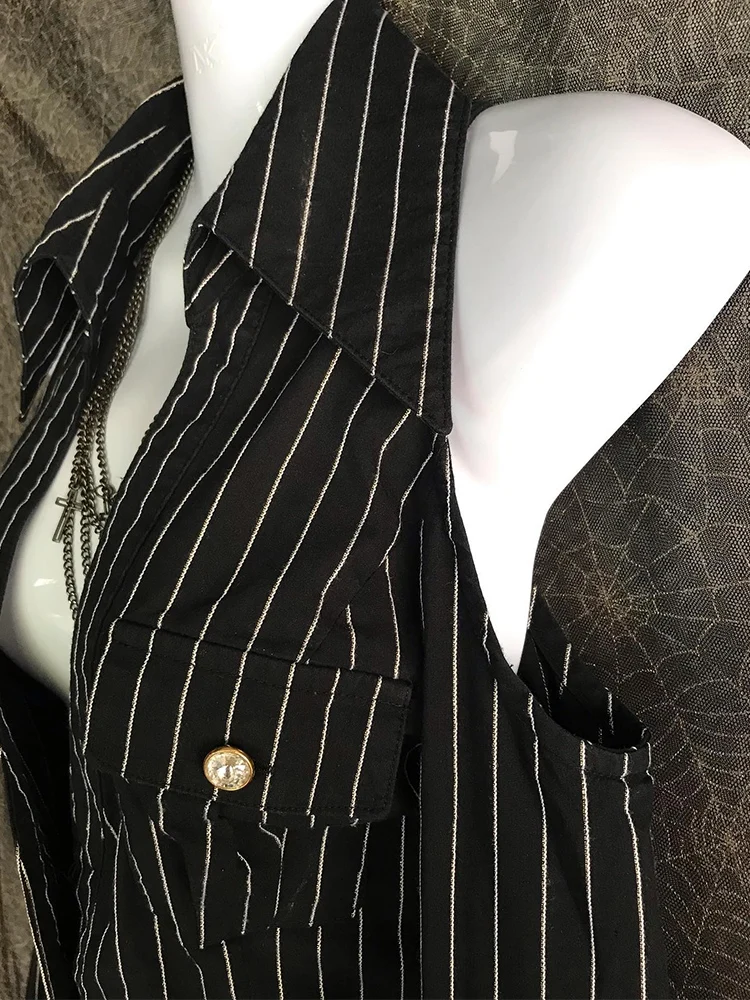 Slim Fit Vintage Black Stripe Shirt Women\'s Original Design High Quality Fashionable Waist Cinching Shoulder Baring Top