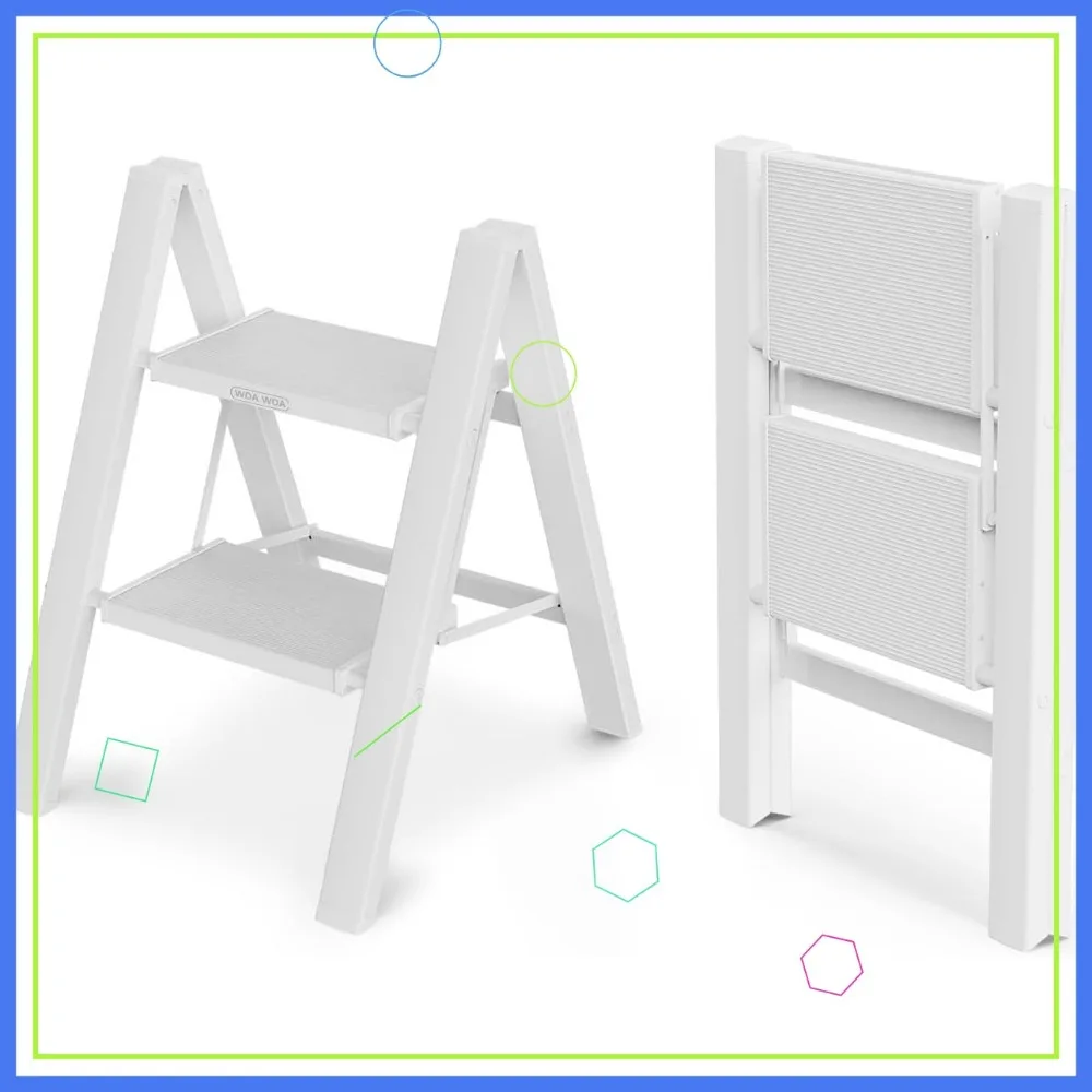 سلم ألومنيوم قابل للطي، سعة 300 رطل، دواسات مضادة للانزلاق، خفيف الوزن وموفر للمساحة للاستخدام المنزلي (خطوةان، أبيض) #1