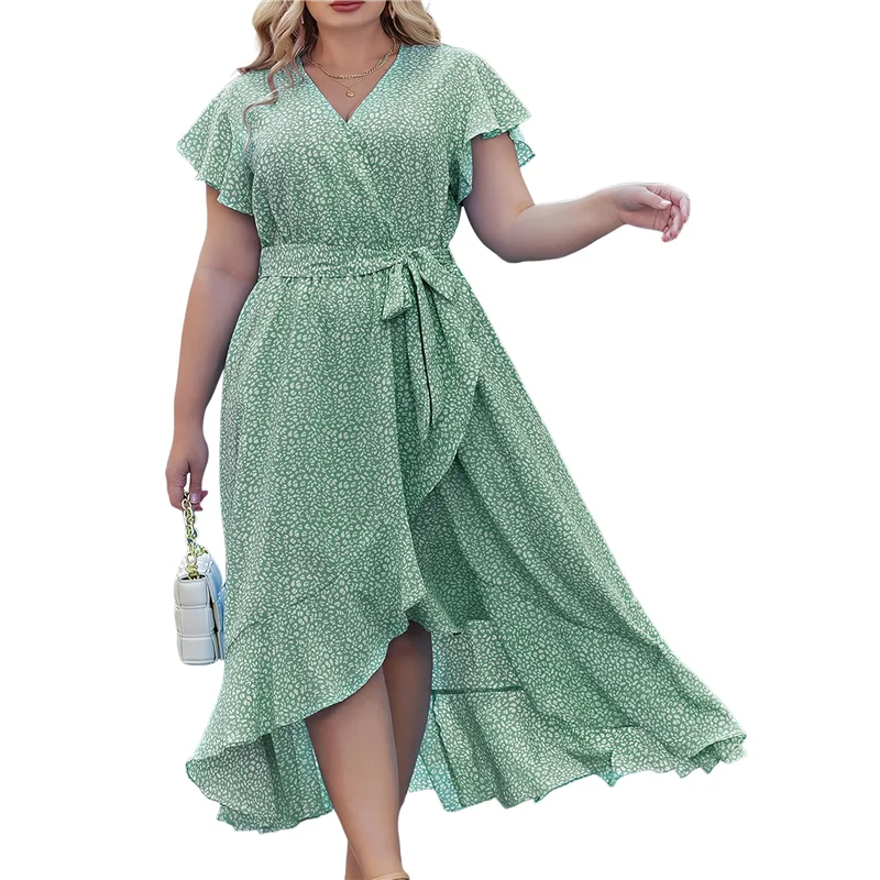 CYL-Plus Size Womens Floral Summer Dress Casual Wrap V Neck Short Sleeve Belted Beach Bohemian Maxi Dress