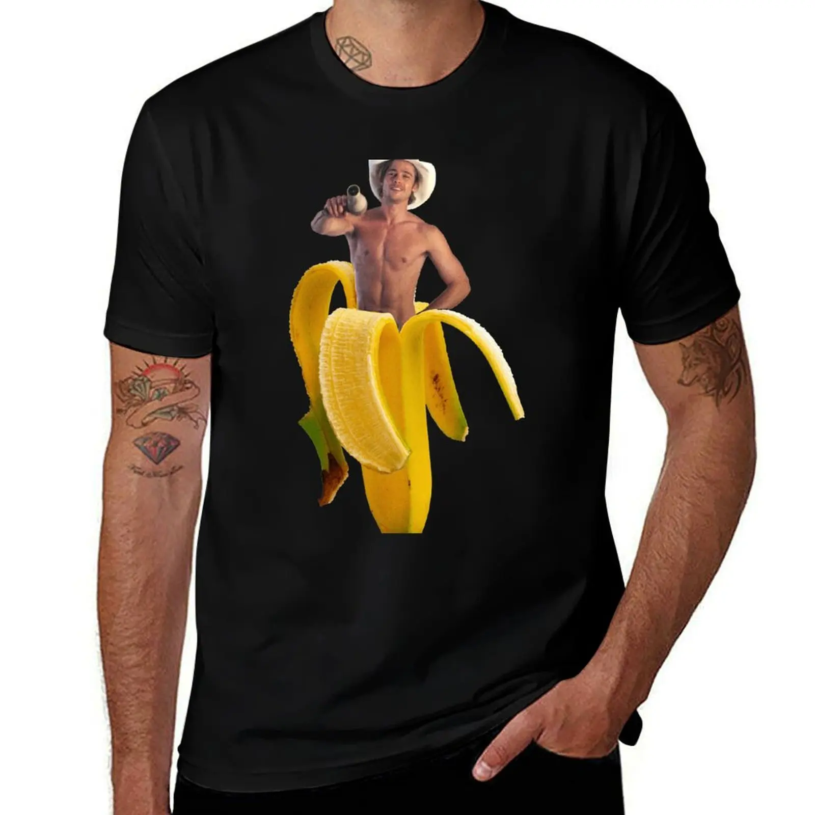 

Brad Pitt Wearing Cowboy Hat in a Banana T-Shirt men t shirt cotton 100% t shirts for man pack cotton T-Shirt