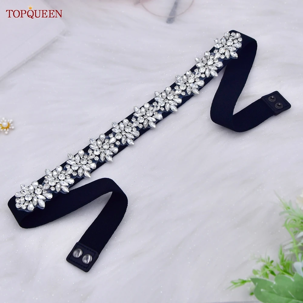 

TOPQUEEN S269-D Black Elastic Belt Dress Colorful Rhinestone Sash Women Formal Skirt Waistband Evening Gown Snap Buckle Girdles