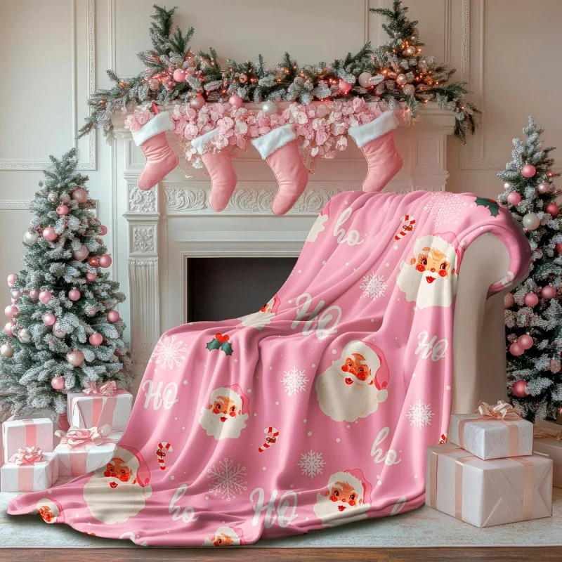 Christmas throw blanket pink holiday party blanket soft flannel sofa bed cover blanket 80inx60in