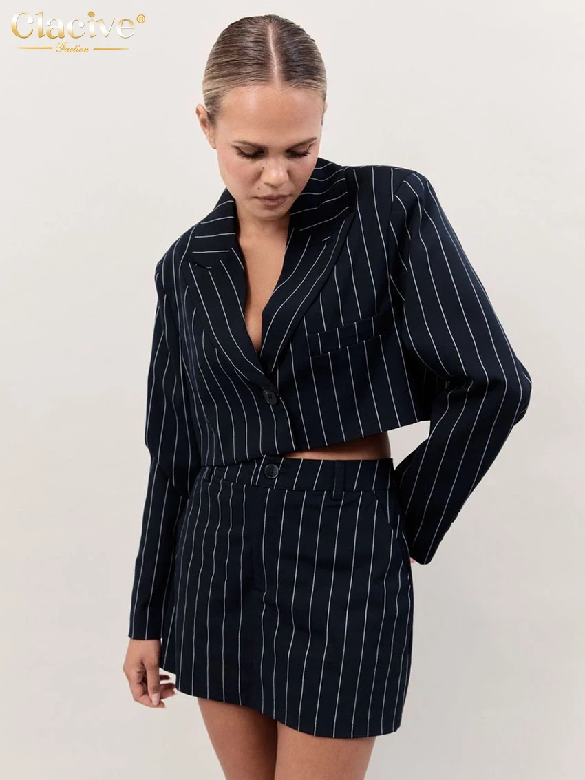 Clacive Fashion Loose Black Stripe Women\'s Two Pieces Set 2025 Elegant Long Sleeve Crop Shirt With High Waist Mini Skirt Set