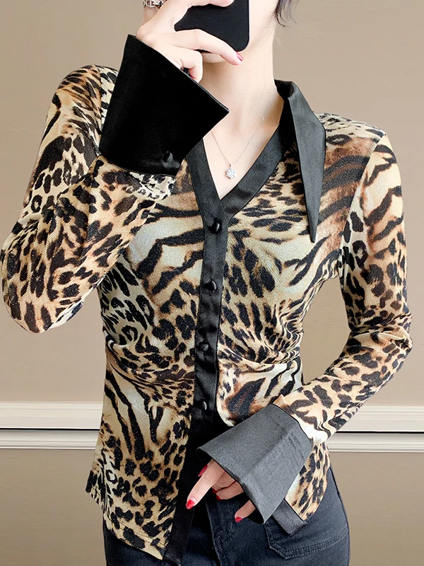 

Ele Sexy Leopard Print Long Sve irt Women's Slim Fit Faionable Patchwork Turn-down Collar Autumn Winter New Sle