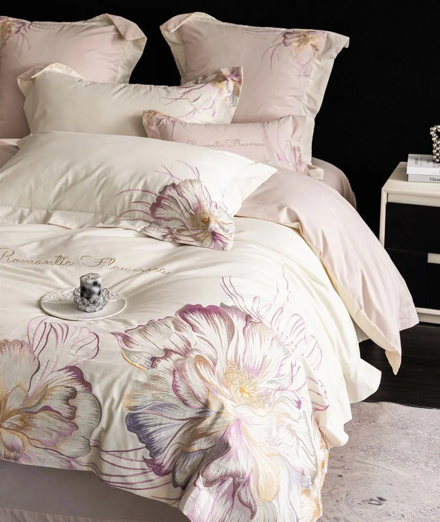 Romantic embroidery flower bedding set double,full queen king modern sand cotton home textile bed sheet pillow case duvet cover