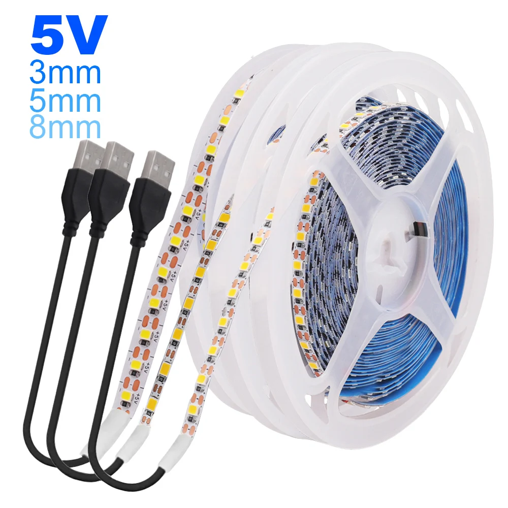 Tira de luces LED de 5V para decoración del hogar, 2835 cinta Flexible con USB, 3mm, 5mm, 8mm, PCB, 120 LED, blanco frío Natural cálido, 0,5 m, 1m, 2m, 5m