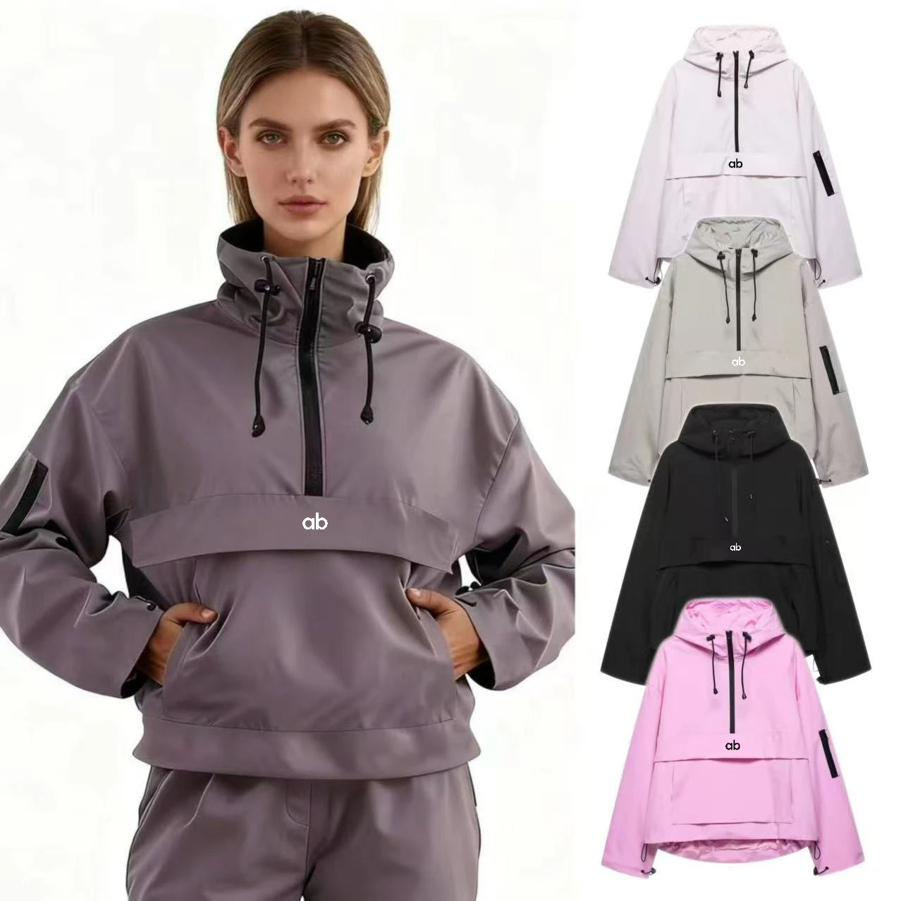 2026 Women European Style Hooded Windbreaker Jacket Zip‑Up Lightweight Casual Sports Outerwear Spring Autumn Loose Fashion Coat