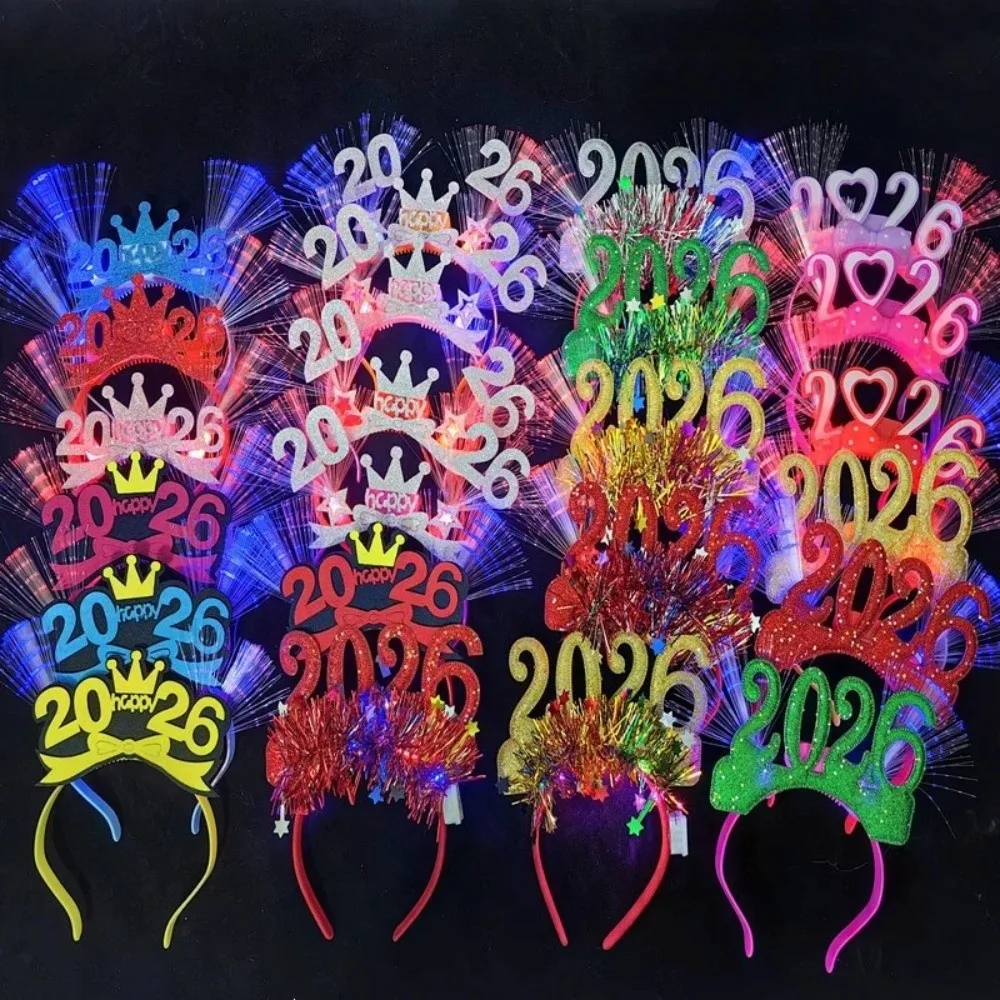 

LED Glow 2026 Happy New Year Headband Photographic Headwear Optic Fiber Light Up LED Glow Hair Bands Plastic Colorful