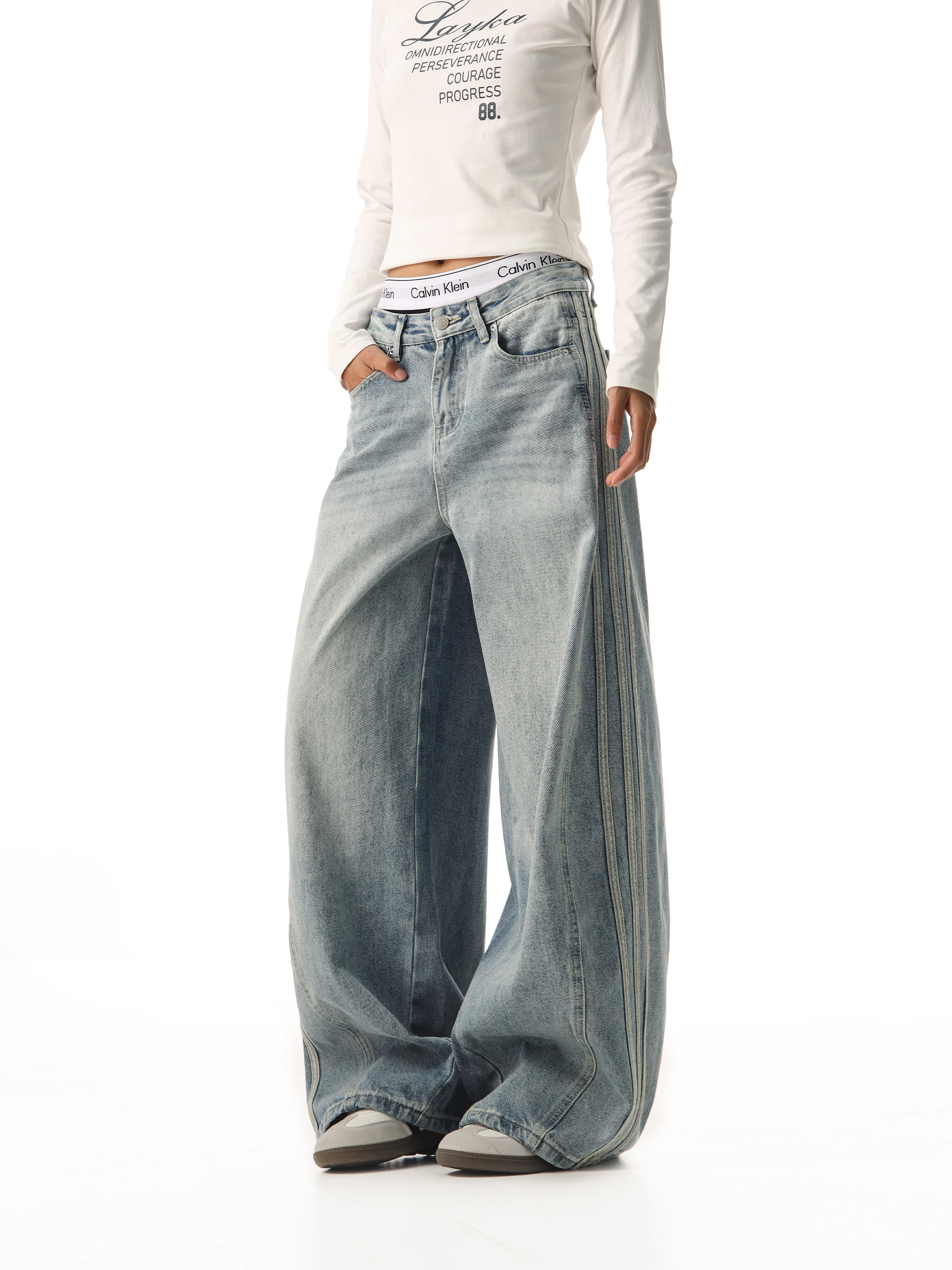 

Широкие джинсы в полоску с футбольной талией в стиле ретро, женские свободные джинсовые брюки прямого кроя, повседневные универсальные танцевальные всесезонные брюки