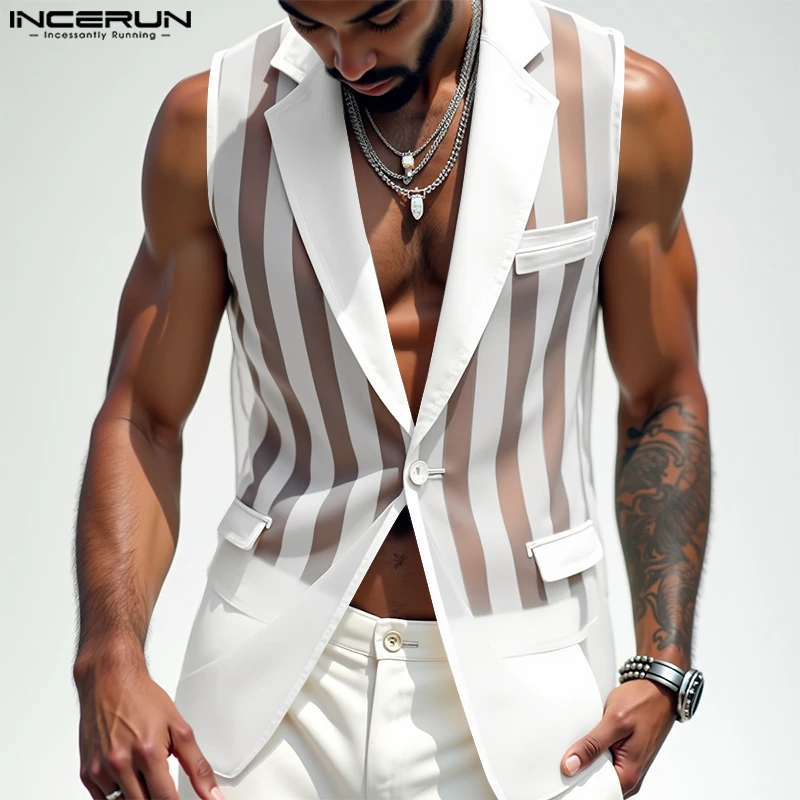 INCERUN Men Vests Mesh Striped Transparent Lapel Sleeveless One Button Casual Male Waistcoats Fashion Streetwear 2025 Vests Sexy