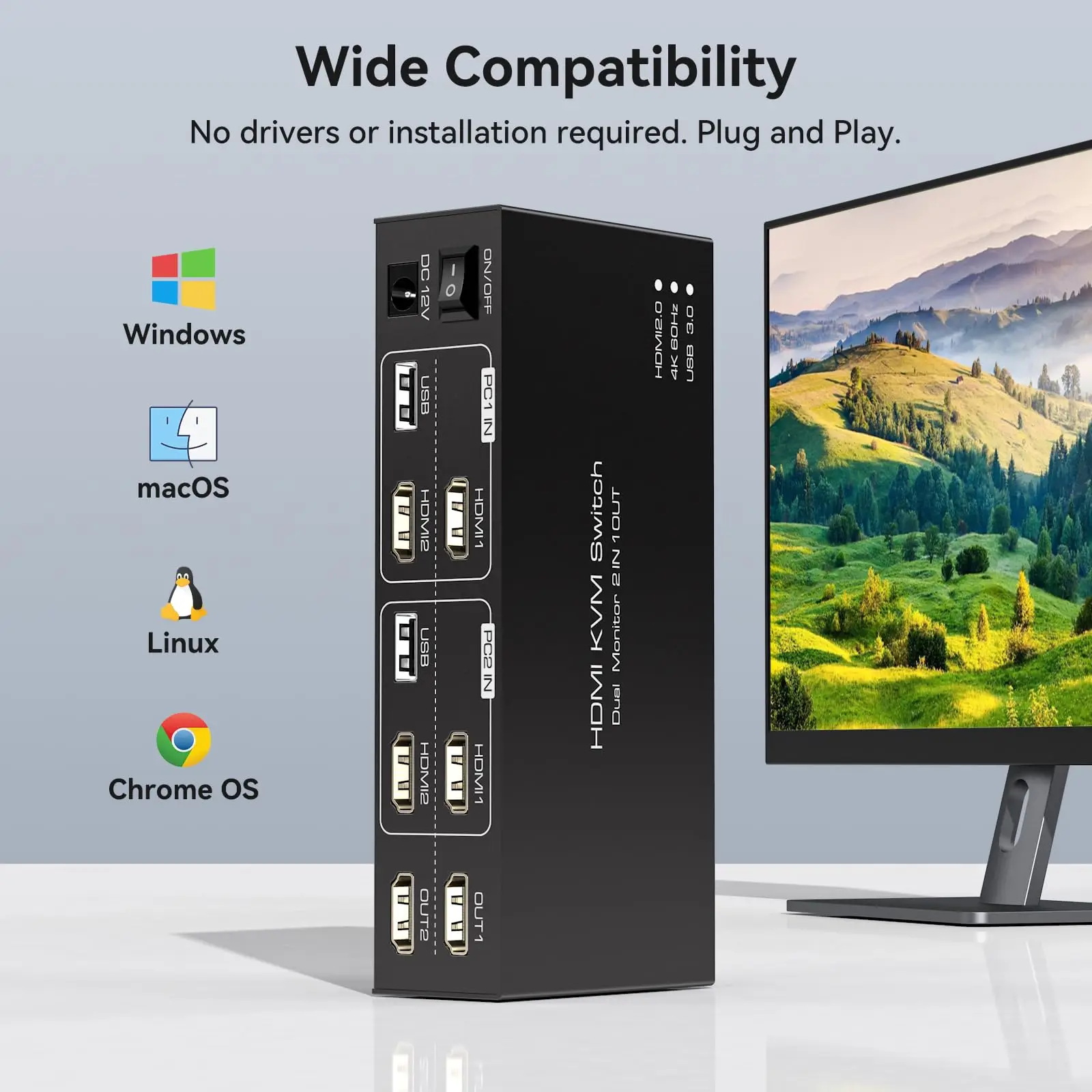 

4K HDMI KVM Switch Dual Monitor 2 Computers,4K@60Hz USB 3.0 KVM Switches Share 4 USB 3.0 Ports Support Extended/Copy Mode