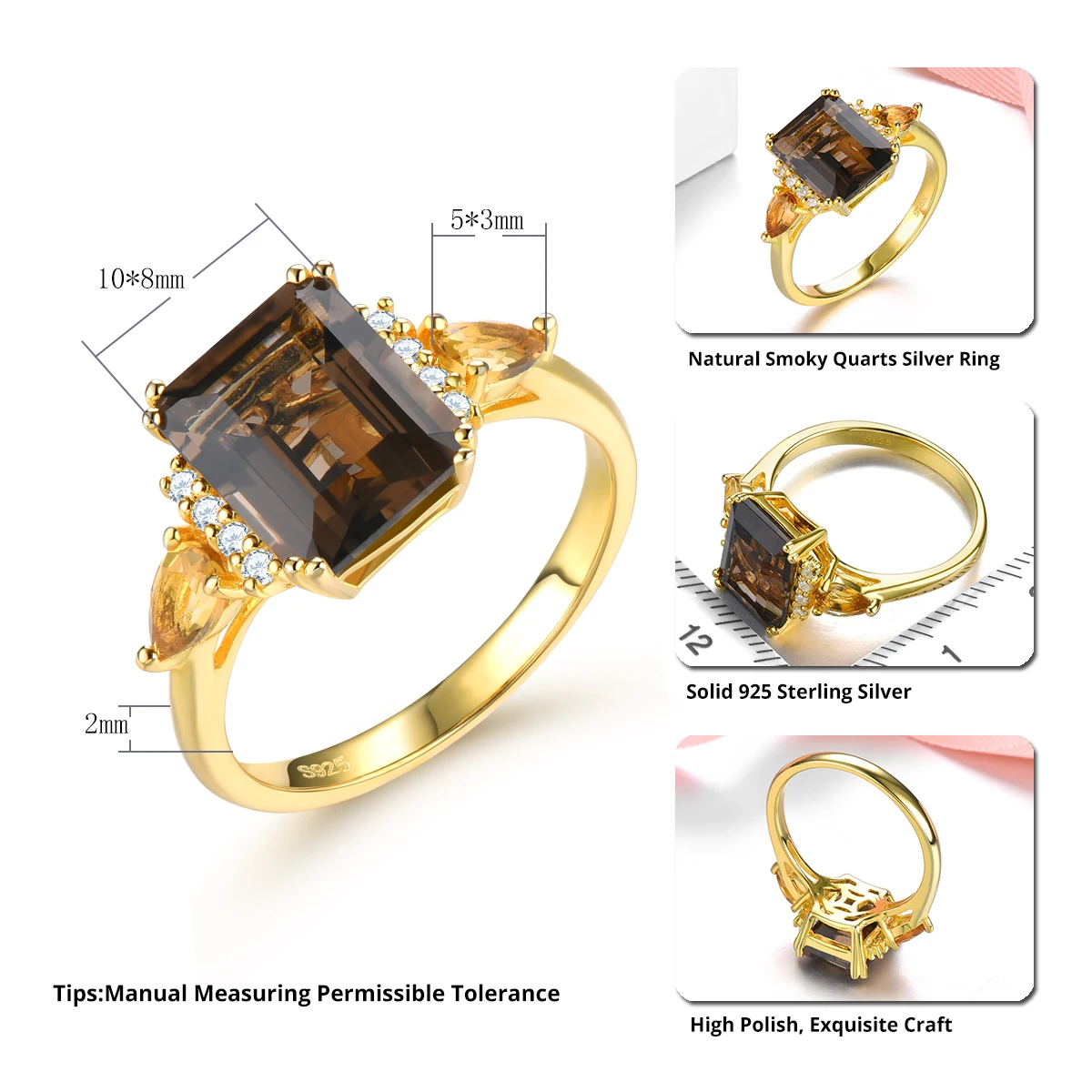 Natural Smoky Quarts Silver Yellow Gold Plated Rings 3.6 Carats Genuine Citrine Women's Classic Style S925 Fine Jewelry