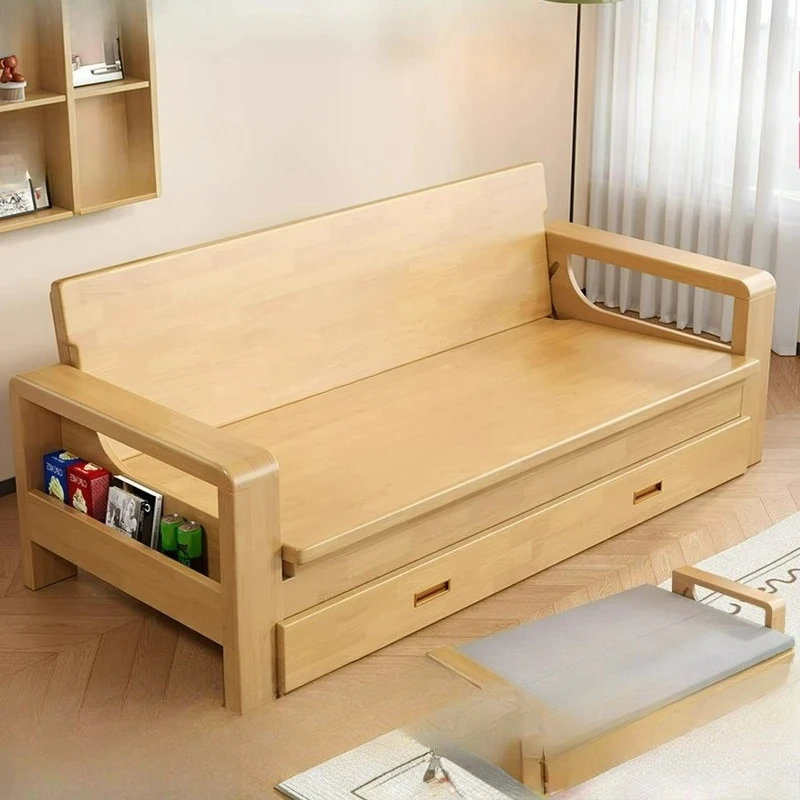 lt solid wood folding sofa bed living room multi-functional simple push-pull bed retractable folding bed