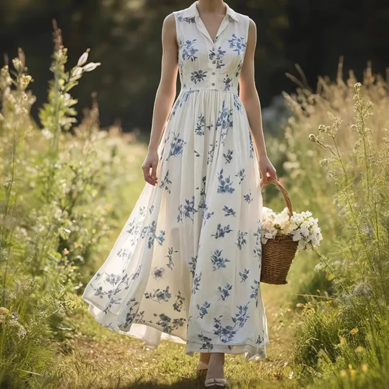 

In-Stock Amazon Cross-Border 2026 European And American Summer New Women's Printed Sleeveless High-Waisted Dress