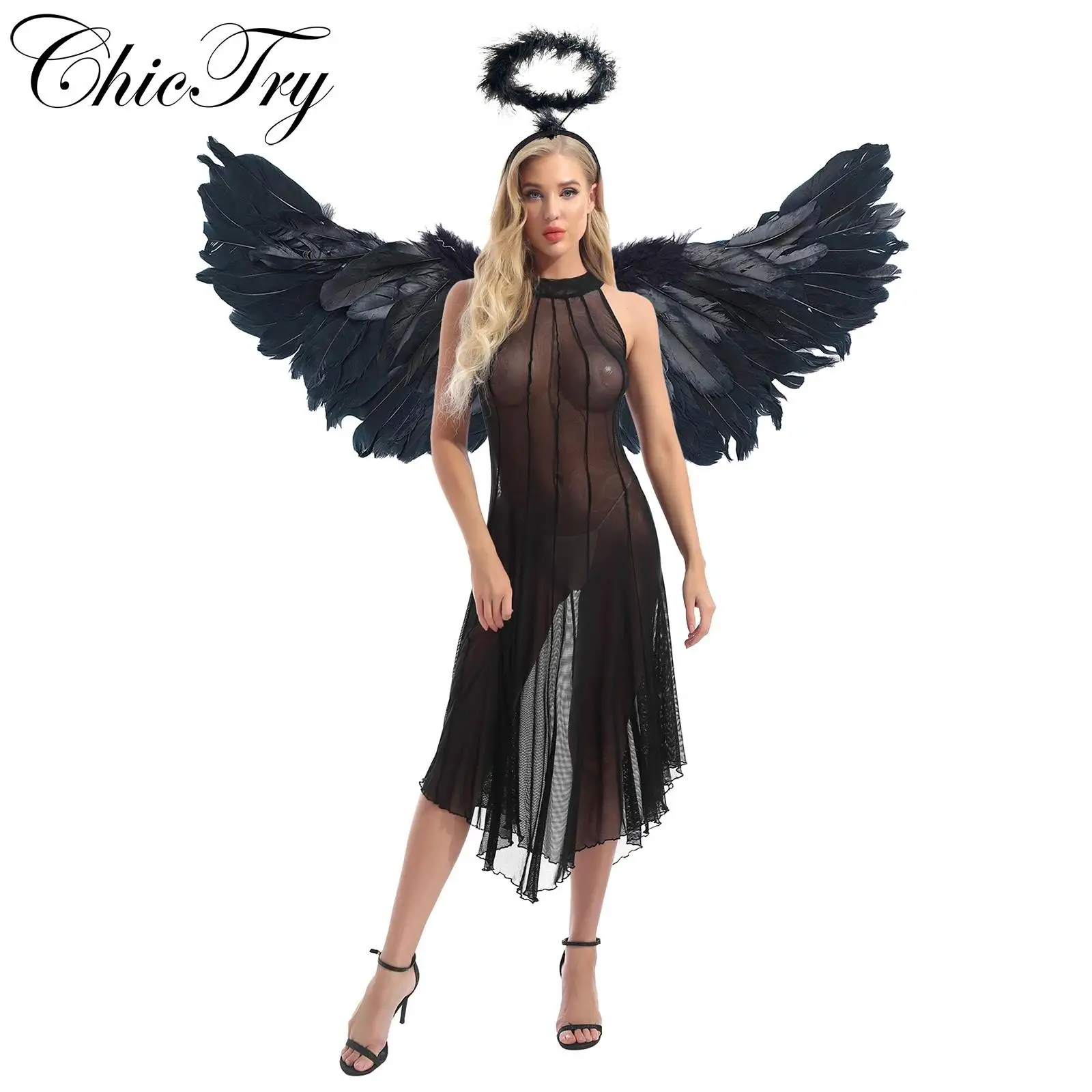 

Womens Dark Angel Cosplay Costume See-through Mesh Dress with Angel Feathers Wings and Hair Hoop Headband Sets Gothic Dress Up