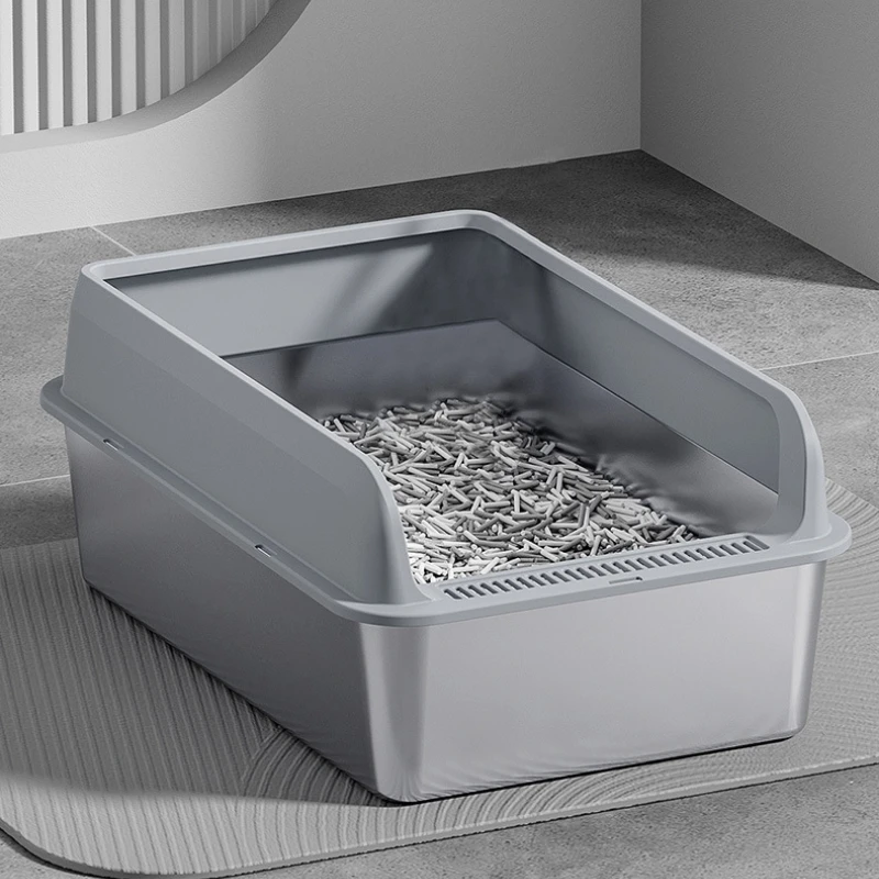 

High-Fence Cat Toilet Stainless Steel Pet Toilet Semi-Enclosed Cat Sand Box Easy-Clean Pet Products Anti-Splash Cat Litter Box