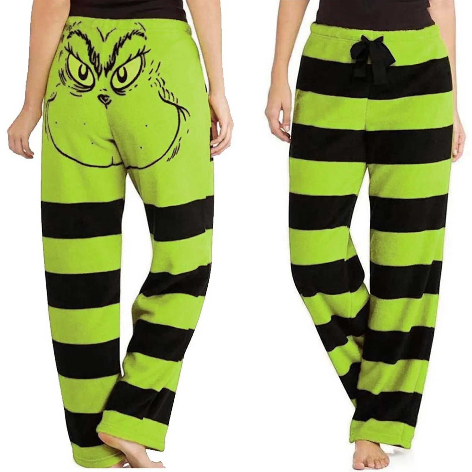 Women\'s Green Pajama Pants Christmas Striped Pajama Casual Long Pants Bottoms Casual Pants Outfits Clothes Sleepwear