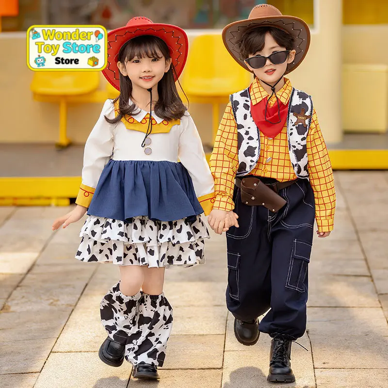 

Костюм для косплея в стиле ковбоя Вуди из мультфильма Дисней «История игрушек», детский костюм для мальчиков и девочек, рубашка, жилет, брюки, платье, ботинки, лучший подарок