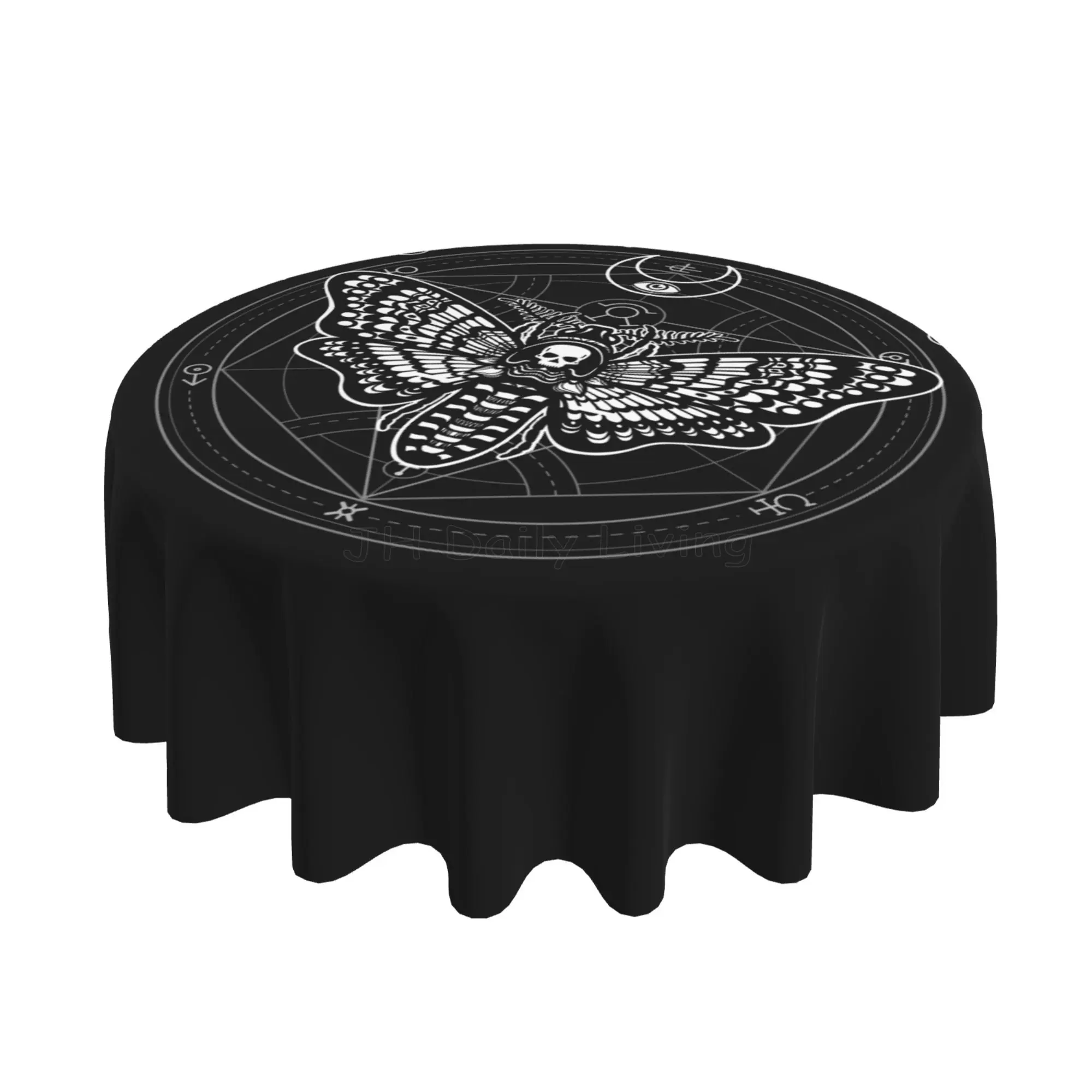 Magic Black Skull Moth Round Table Cloth 60 Inch Gothic Witchy Butterfly Moth Print Tablecloth Party Table Cover Decoration