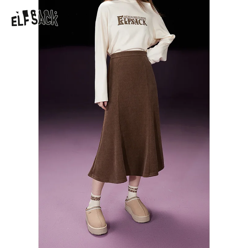 

ELFSACK High Waist Corduroy Fishtail Skirt Women 2023 Autumn/Winter Vintage Bottom