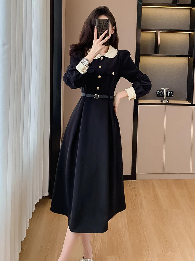 Elegant Black Dresses With Belt Women Retro Doll Collar Long Sleeve A Line Midi Dress Hepburn Patchwork Office Lady Vestido 2024