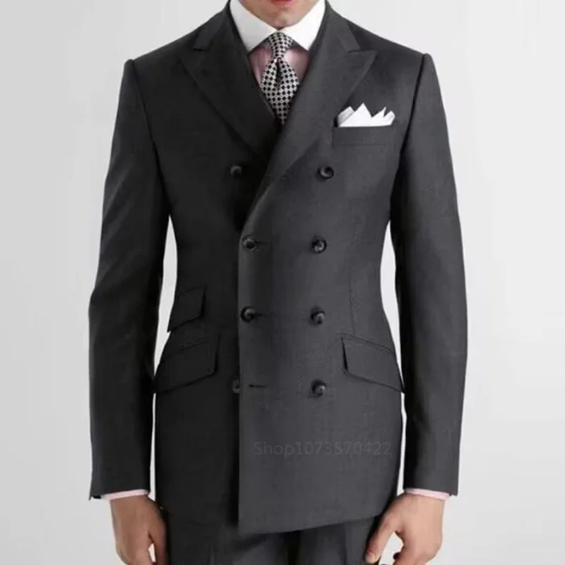 

2 Piece Business Set (Jacket+Pants) Dark Grey Men Suits Slim Fit Peak Lapel Double Breasted Blazer Wedding Groom Tuxedos
